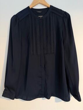 Satin Navy Pintuck Lace-Panel Blouse